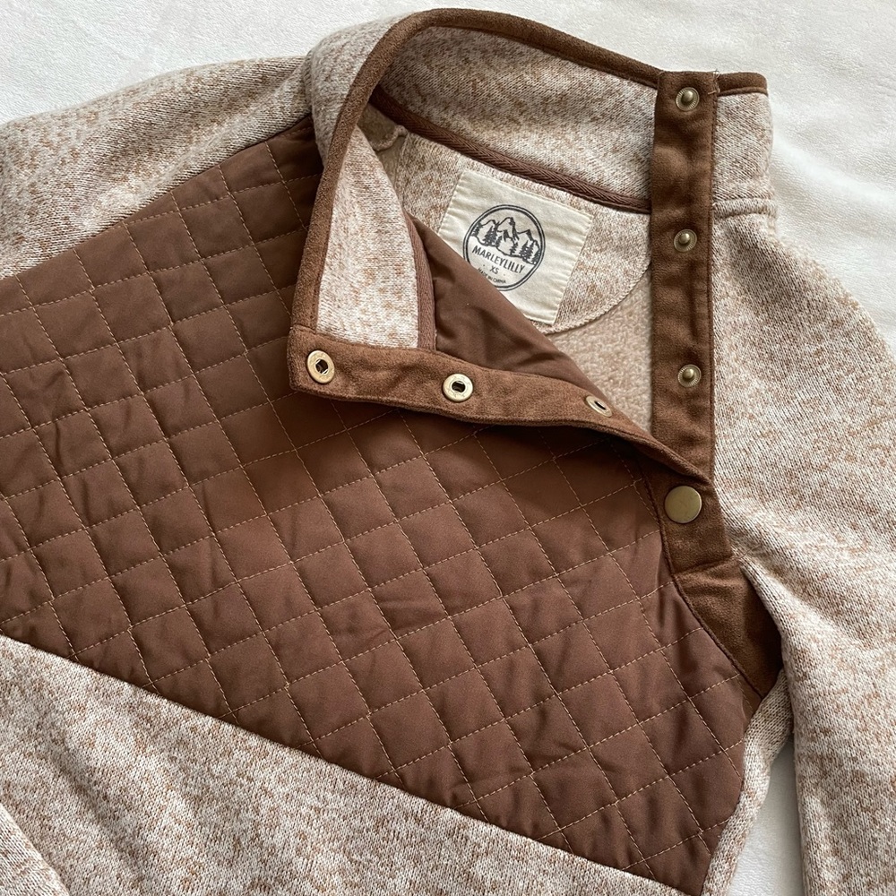 Brown Cream Knit Quilted Snap Marley‎ Lilly Fall Winter Outerwear Pullover